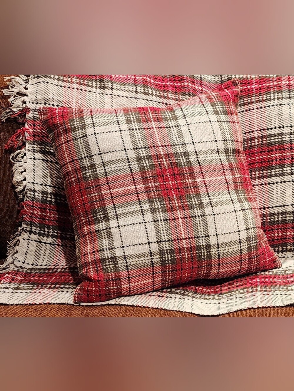Pillow & Throw In Plaid Pattern Fringes On Throw Originally From Hobby Lobby